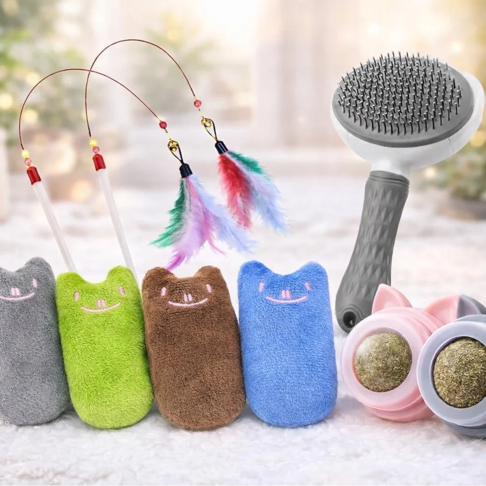 9PCS Cat Toy & Grooming Set | Catnip Plush Pillows, Wand Toys, Brush & Catnip